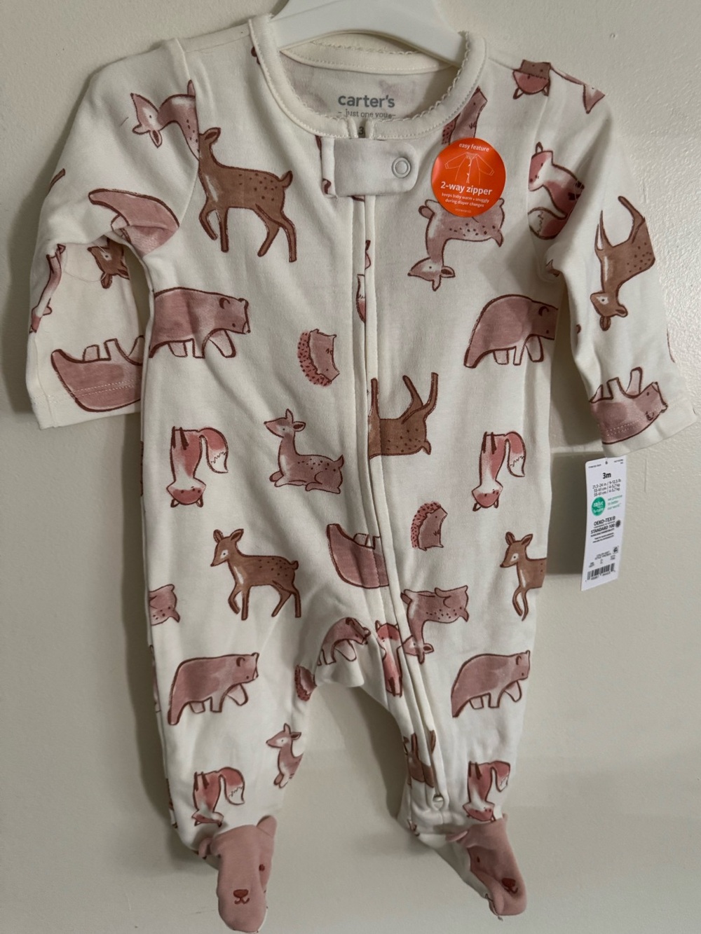 NWT Carter's Cream Footed One-Piece with Pink Woodland Animals